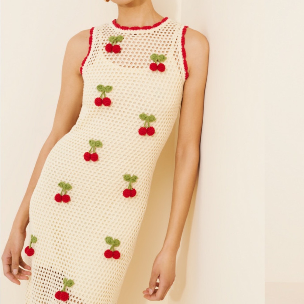 Callahan Cream Crochet Maxi Dress with Red Cherry Appliques